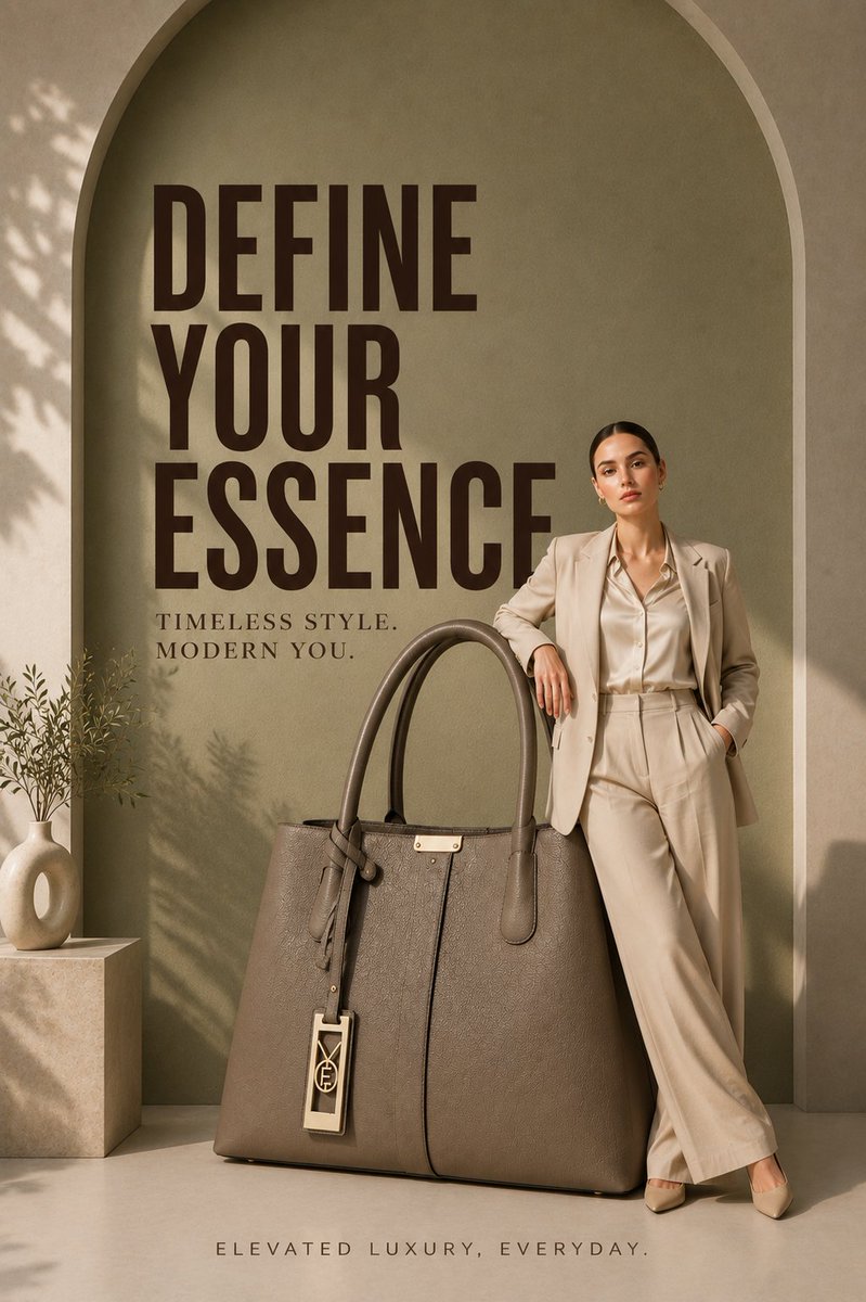 A quiet luxury campaign frame where a giant product dominates the lower foreground beside a styled model against a sculptural arched wall. Olive-taupe tones…