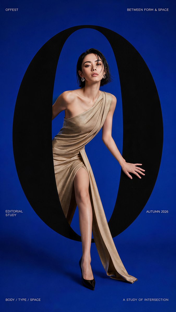 A tall fashion poster where a giant letter becomes architecture: the model steps behind some strokes and in front of others, so fabric and type share one…
