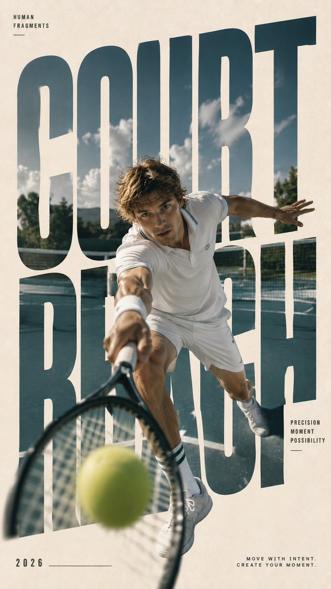 A tall editorial poster where enormous cropped letters act as windows onto a sky, court, or café while a sharp-focused figure stands whole in front. One action…