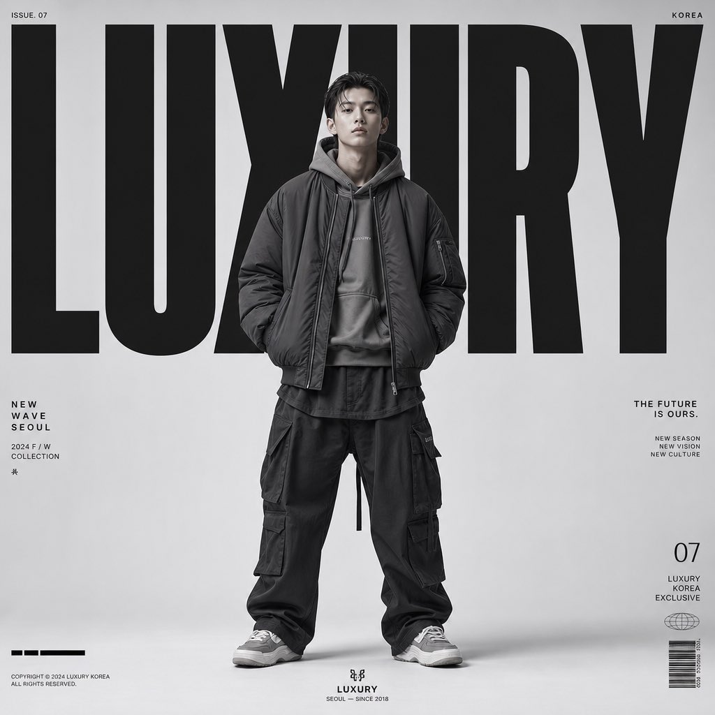 A centered, full-body male model in layered streetwear stands against huge bold lettering that fills the background. The restrained palette and symmetry give…