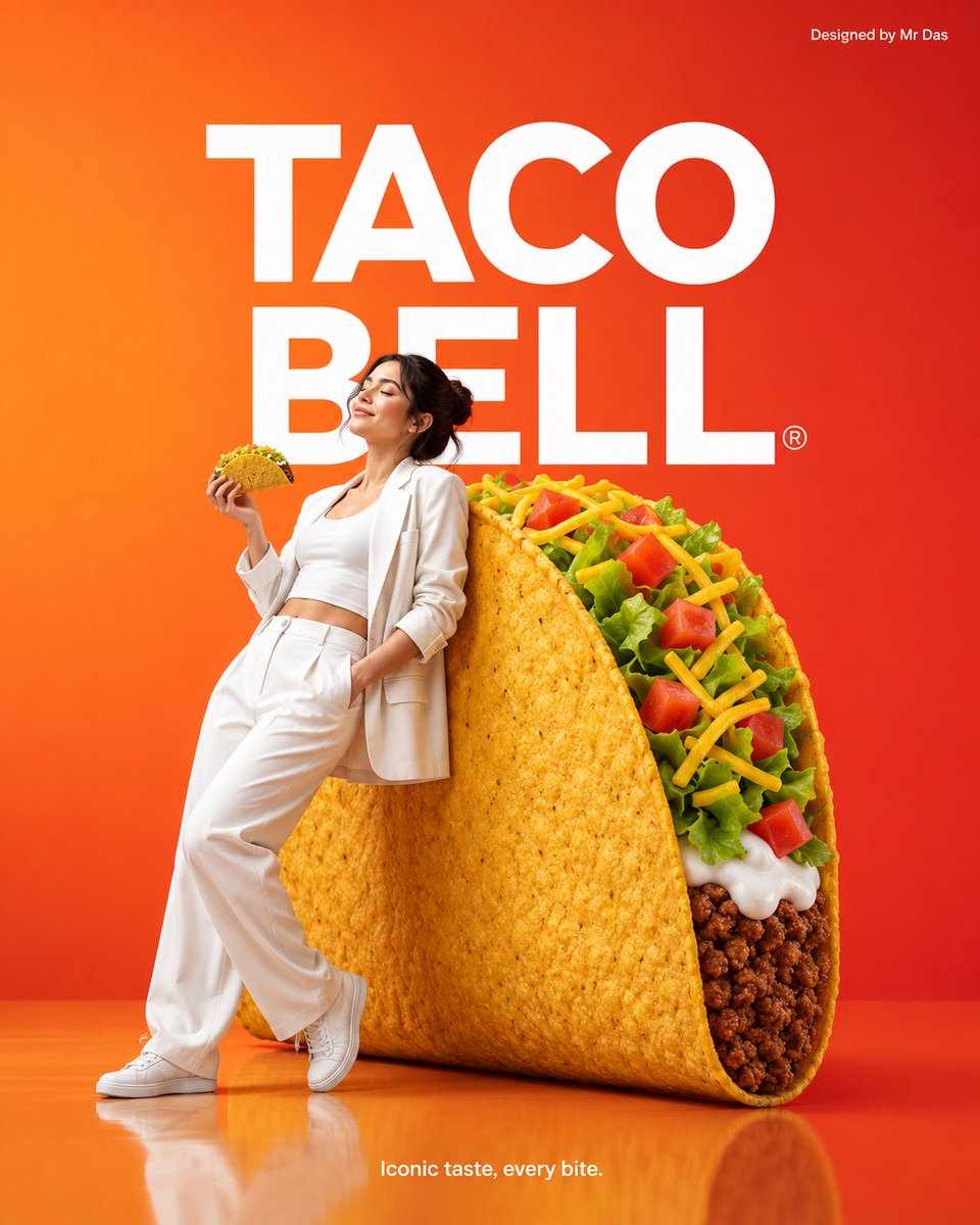 A young woman in an all-white outfit leans against an enormous crunchy taco on a glossy floor, against a warm orange-red gradient. Bold white lettering sits…