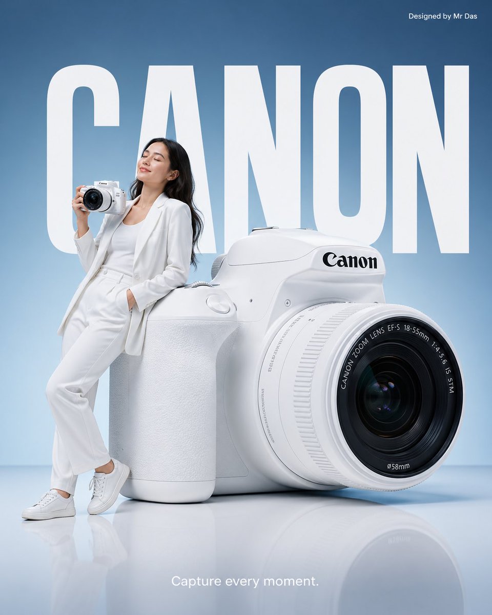 A young woman in an all-white outfit leans against an oversized white DSLR on a glossy floor, set against a soft blue gradient with bold CANON lettering. The…