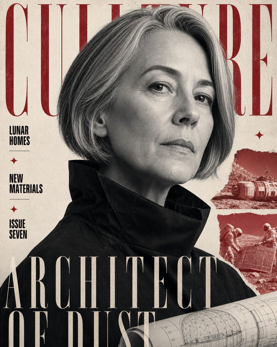 A fictional magazine cover on warm bone paper, with a huge red masthead partly hidden behind a black-and-white portrait. Red halftone photos stack down one…