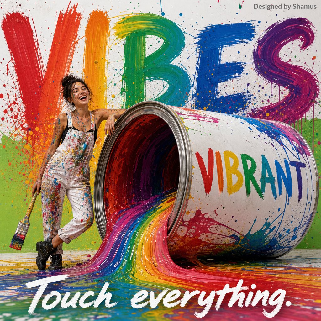 A cheerful painter splattered with color stands next to a can three times her height, paint pouring out over a white and green studio backdrop. Bold rainbow…