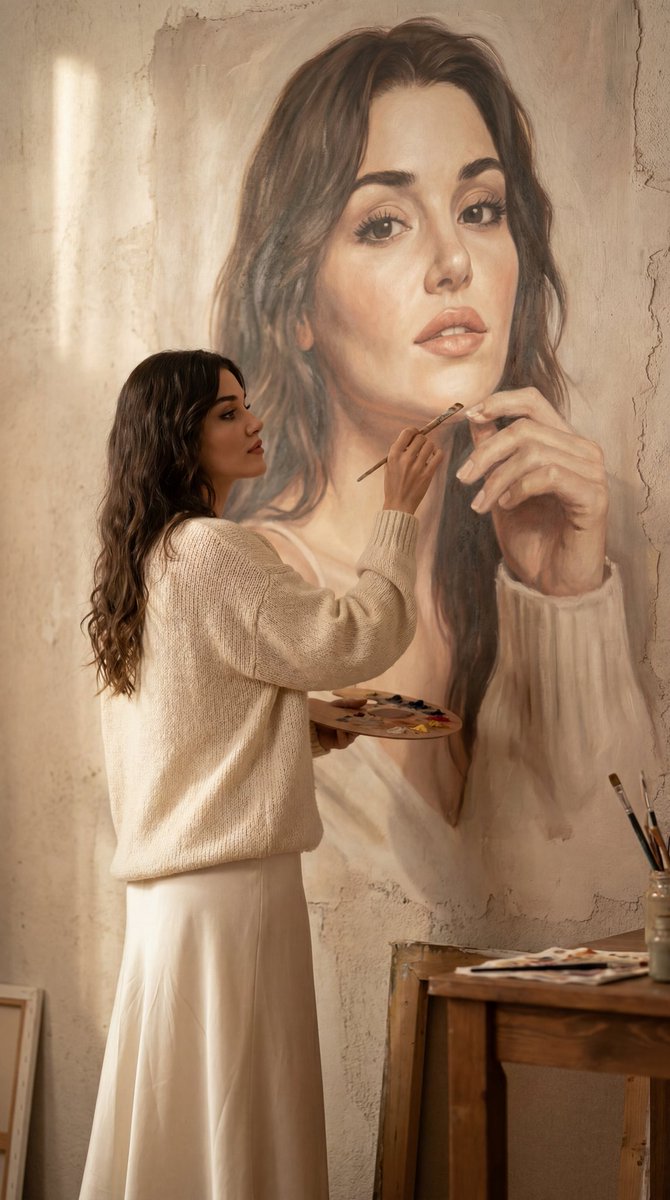Painter Beside Her Own Giant Wall Portrait in Oil — AI result, variation 2 of 2