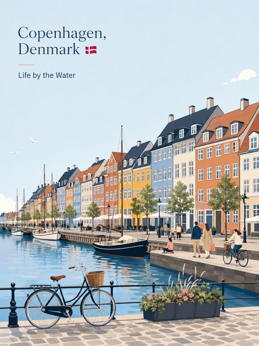 A quiet vertical postcard built around one landmark, a few small figures going about local life, and a palette of powder blues, ivory and sage. Generous empty…