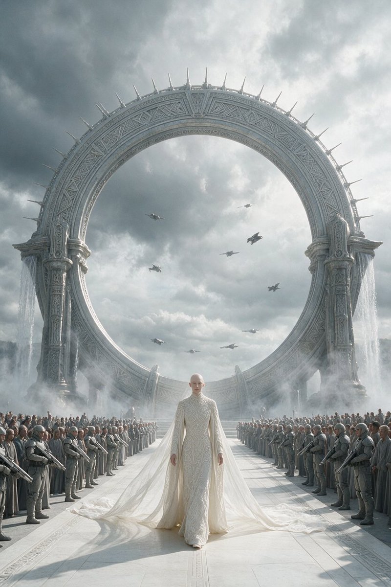 Pale Ceremonial Figure Walking Through Sci-Fi Gate — AI result, variation 2 of 4