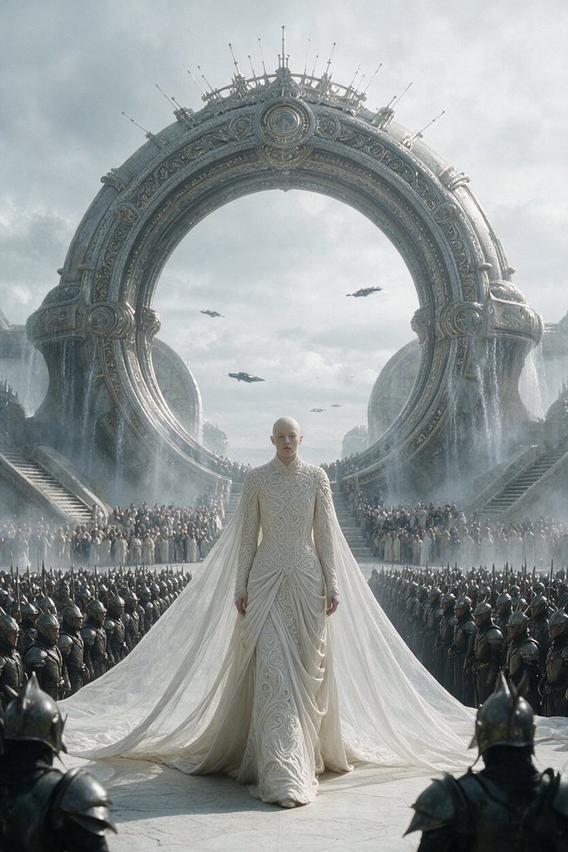 Pale Ceremonial Figure Walking Through Sci-Fi Gate — AI result, variation 4 of 4