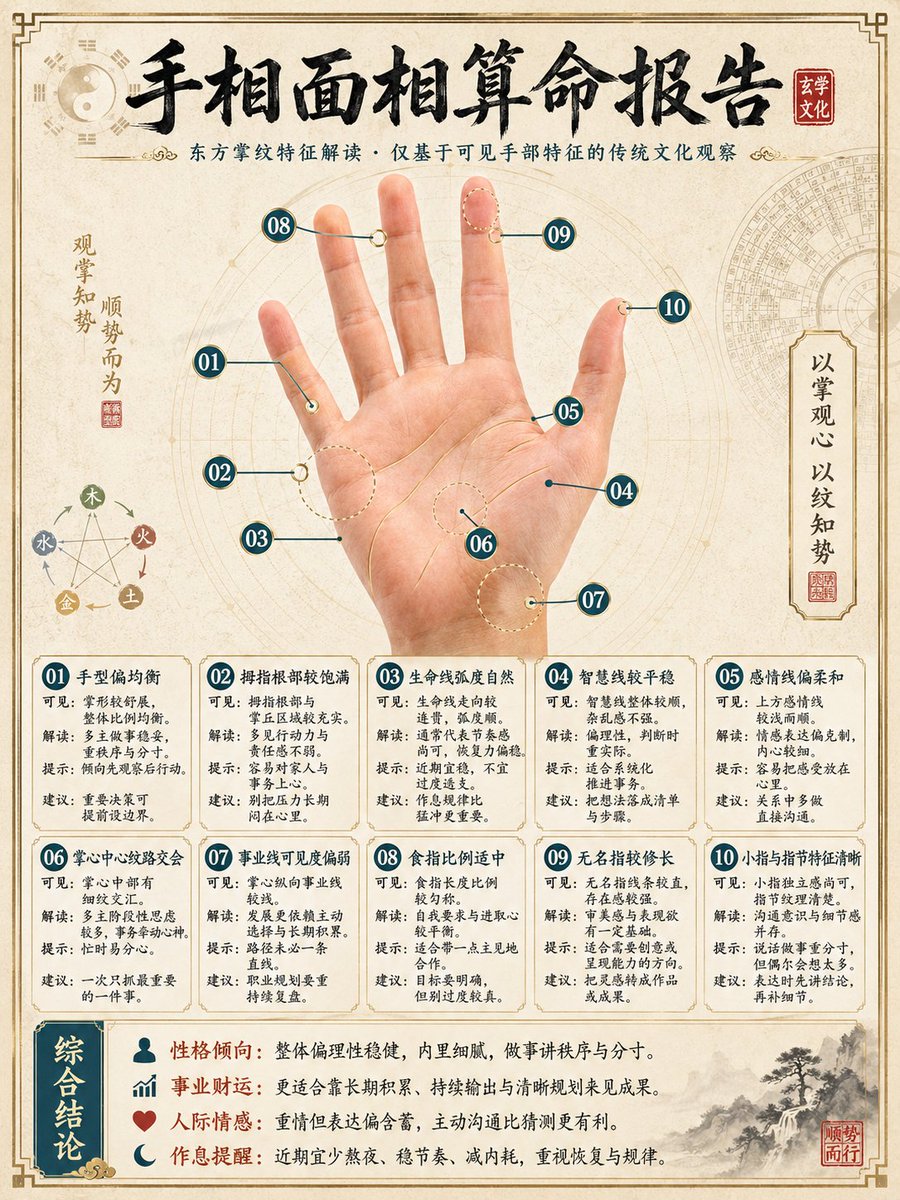 Palm and Face Metaphysical Analysis Report Poster — AI result, variation 2 of 2