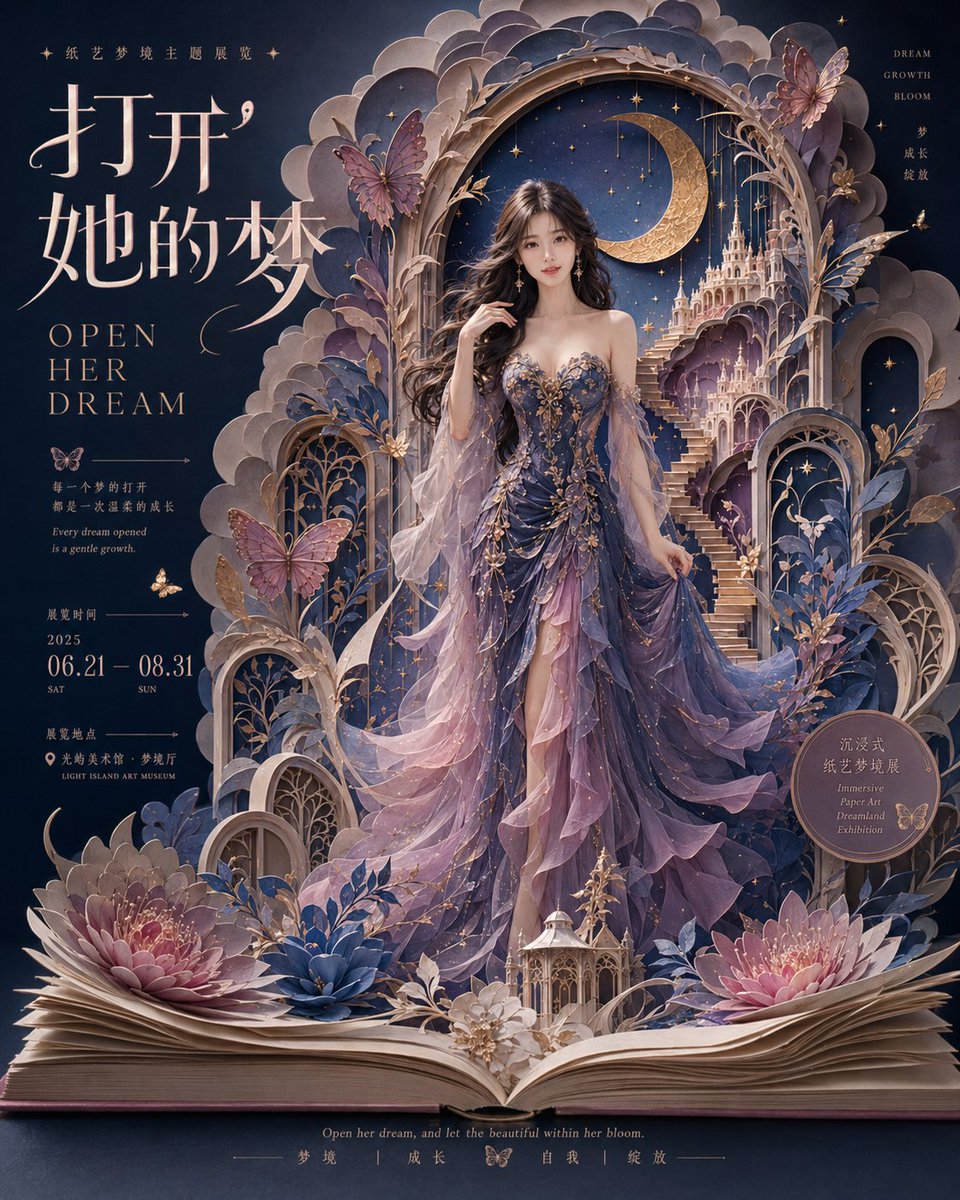 A vertical exhibition poster where a woman in a blue-violet gown seems to step out of a layered paper-cut dream world. Moonlit blues, golden flowers and paper…