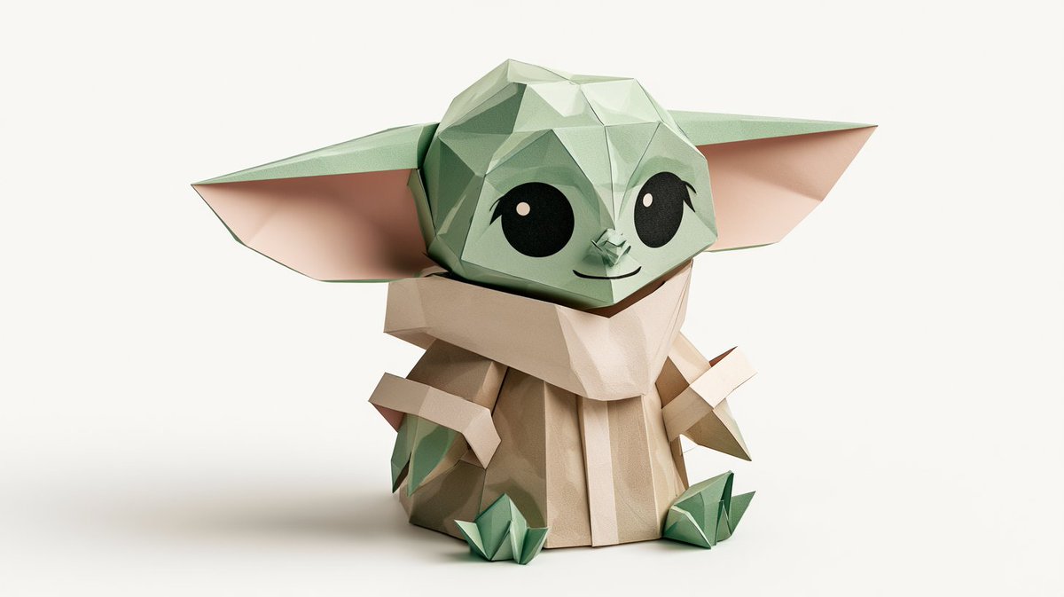 A small, cheerful character built from simple folded-paper shapes, shown in a clean isometric view against a plain white background. Big glossy eyes and short…
