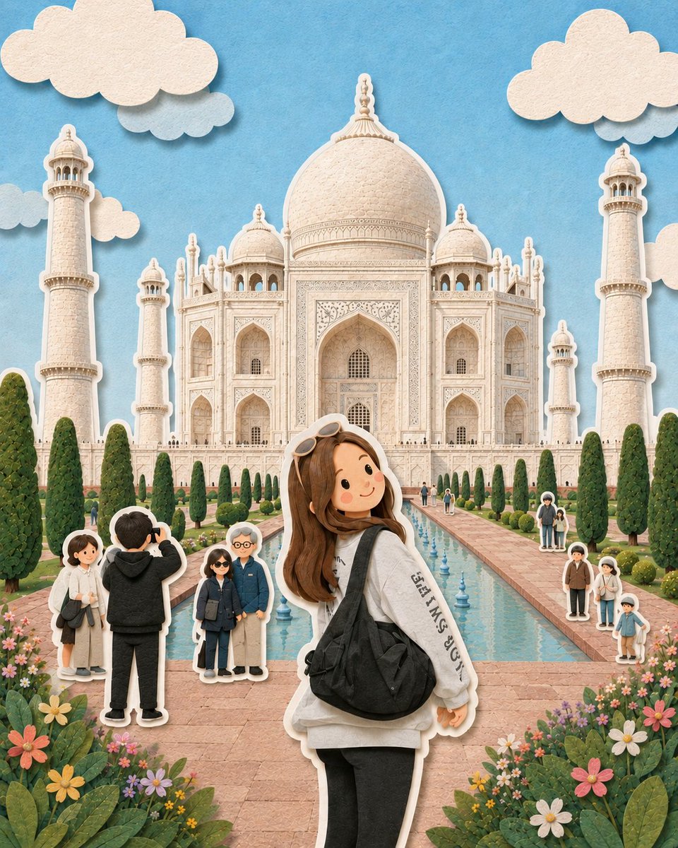 A cheerful girl in a white hoodie stands in front of the Taj Mahal, rendered as layered paper with a sticker-style white border. Pastel sky, paper clouds and…