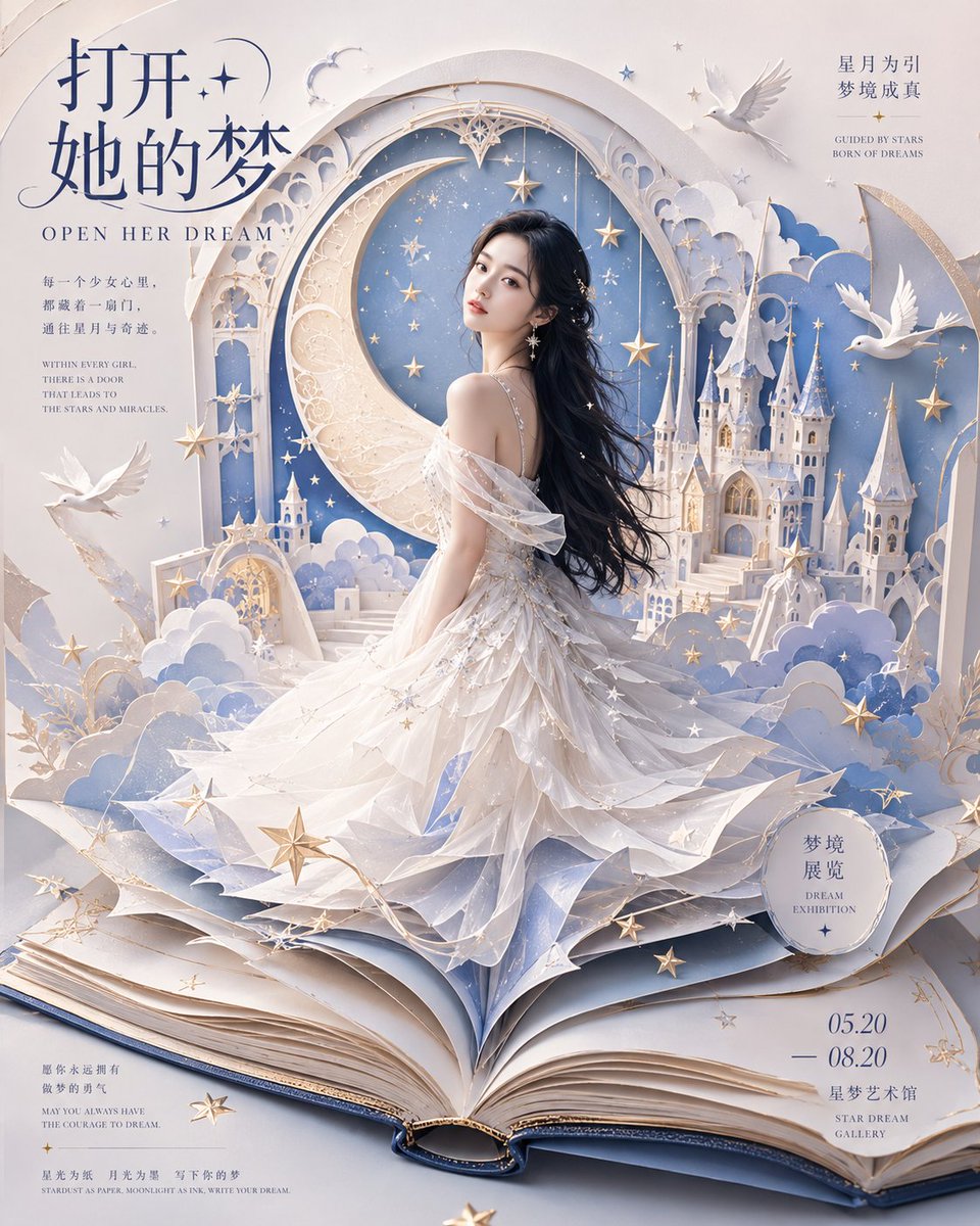 A woman in a moon-white tulle gown stands inside an open paper-cut book, framed by a large carved moon, castle and clouds. The light stays soft and pale, so…