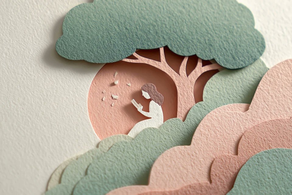 Shapes stack in soft layers of two colours, each edge clean and each layer casting a gentle shadow onto the one below. The matte cream ground keeps the…