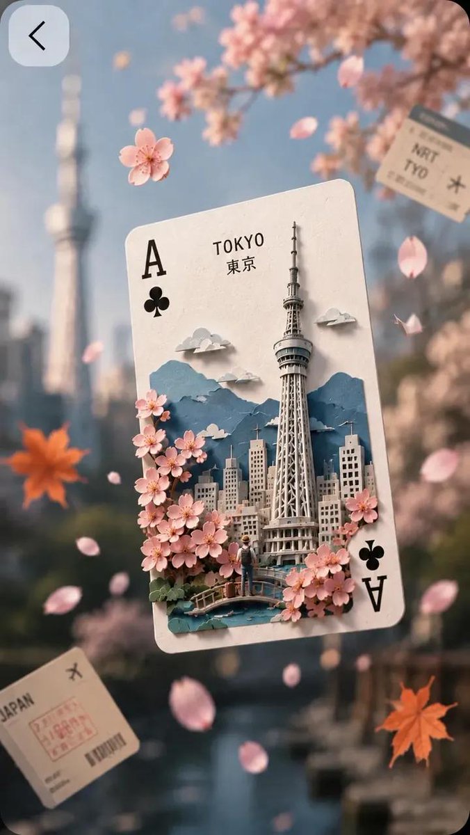 A Jack of Spades playing card opens into a layered paper diorama of Mount Fuji, a lake, and a torii gate, surrounded by cherry blossoms, maple leaves, and…
