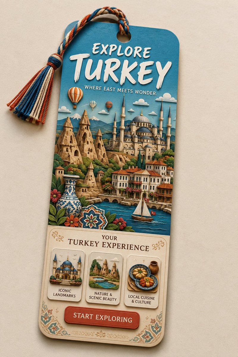 A tall cardstock bookmark photographed on a cream tabletop, its upper section built from stacked paper layers that form a destination scene. Clay miniature…