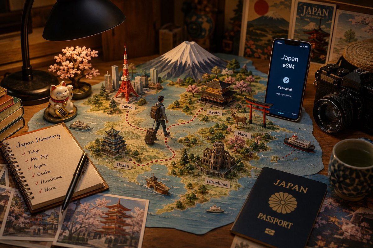Papercraft Travel Map Scene with eSIM Phone — AI result, variation 3 of 3