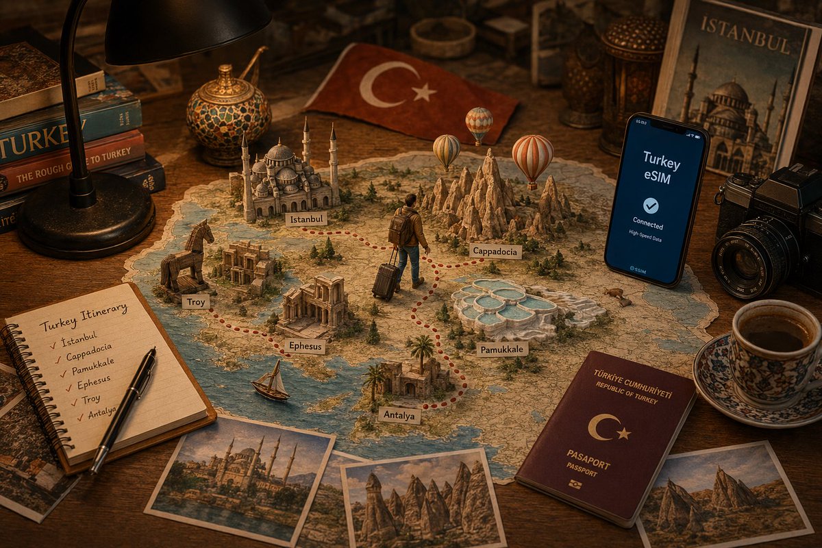 A warm wooden desk holds a detailed map with paper landmarks rising from it, a tiny traveler tracing a dotted red route, and a phone showing a connectivity…