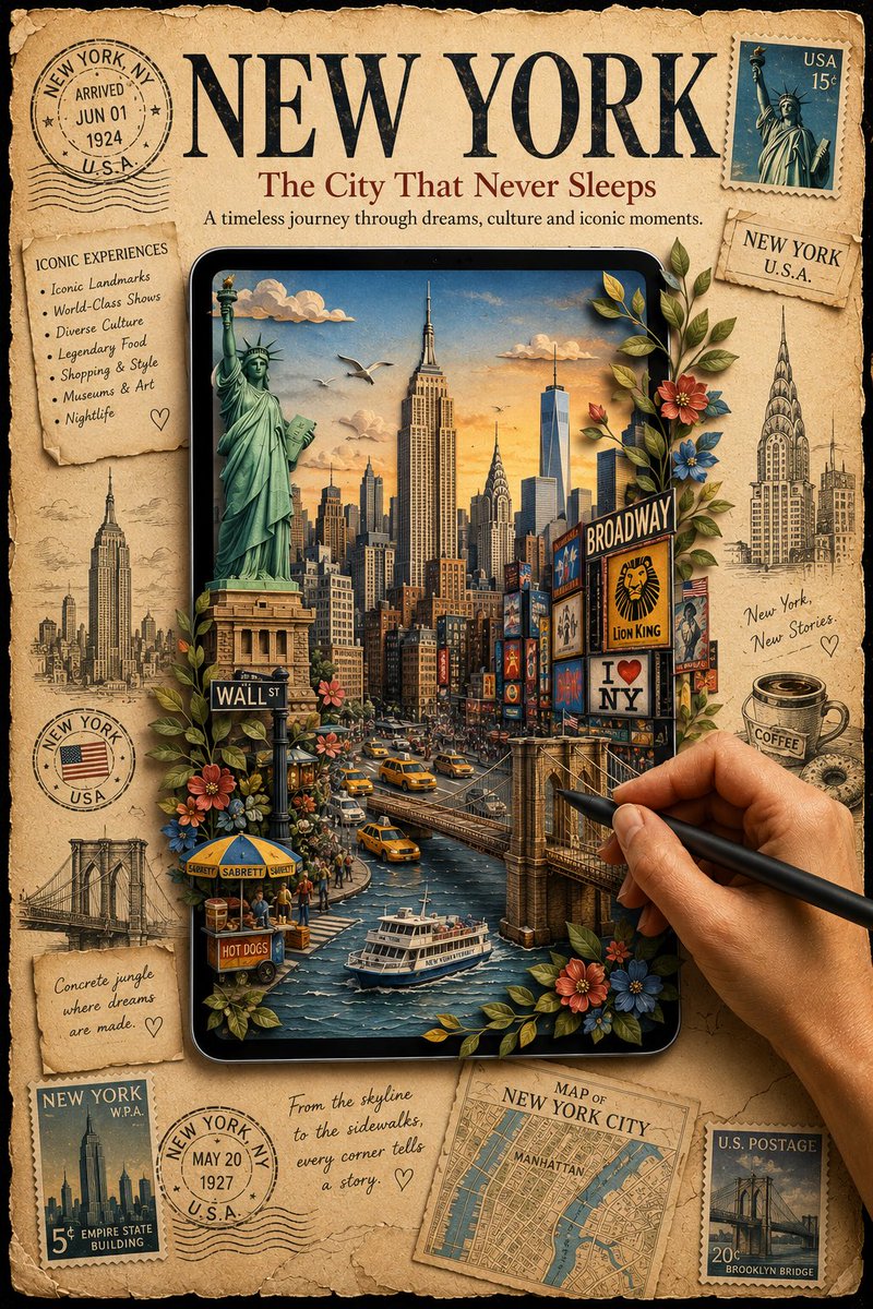 A vintage-style travel poster where a tablet shows a layered paper diorama of a destination spilling out into a real hand-drawn scene. Paper-cut landmarks…