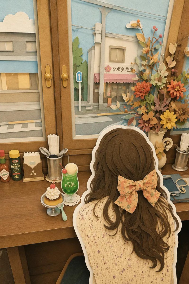 A layered paper-cut scene of a girl with a big ribbon bow, seen from behind, looking out a café window at a pastel Japanese street. Thick white outlines and…
