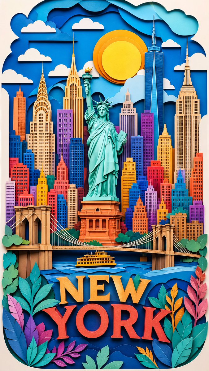 A vertical travel poster built from stacked paper layers, with landmarks rising from the center above a rainbow skyline. Soft shadows between the cutouts give…