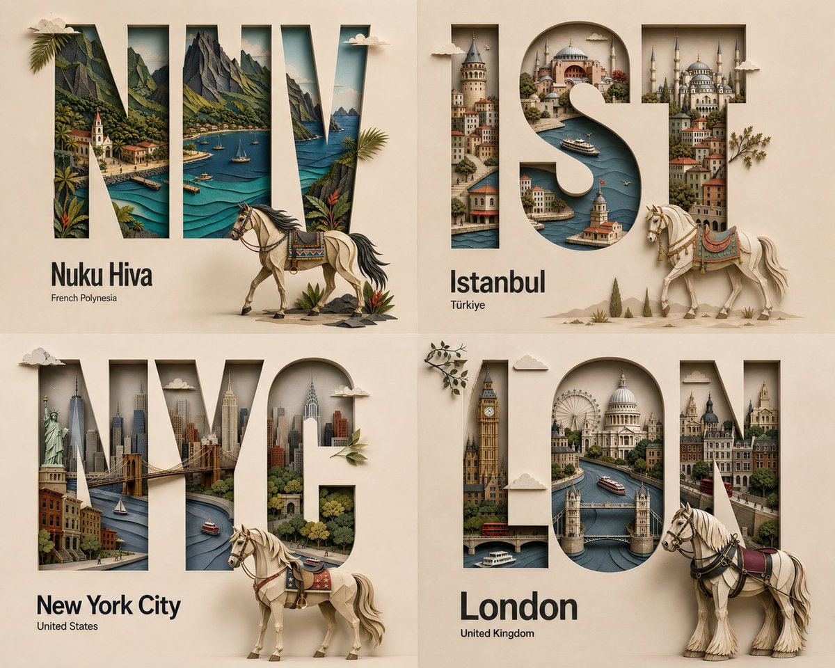 Four city scenes sit in a clean 2x2 grid, each cut from layered cream paper with soft shadows and oversized lettering. The result reads like a museum-quality…