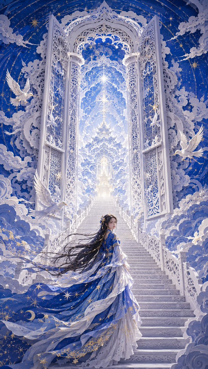 A small figure in layered ultramarine and silver-white paper turns her head to look back before a towering openwork gate. The paper depth, cloud whorls and…