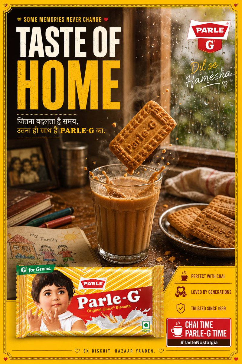 A warm monsoon chai scene where a Parle-G biscuit hovers mid-dunk above a steaming cup, with rain at the window and the pack resting on a wooden table. The…