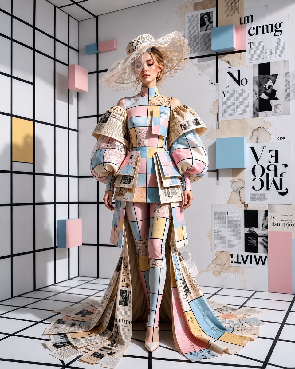 A full-body editorial portrait in a white grid studio, with pastel blocks, torn magazine pages and a patchwork bodysuit trailing a newspaper train. The…