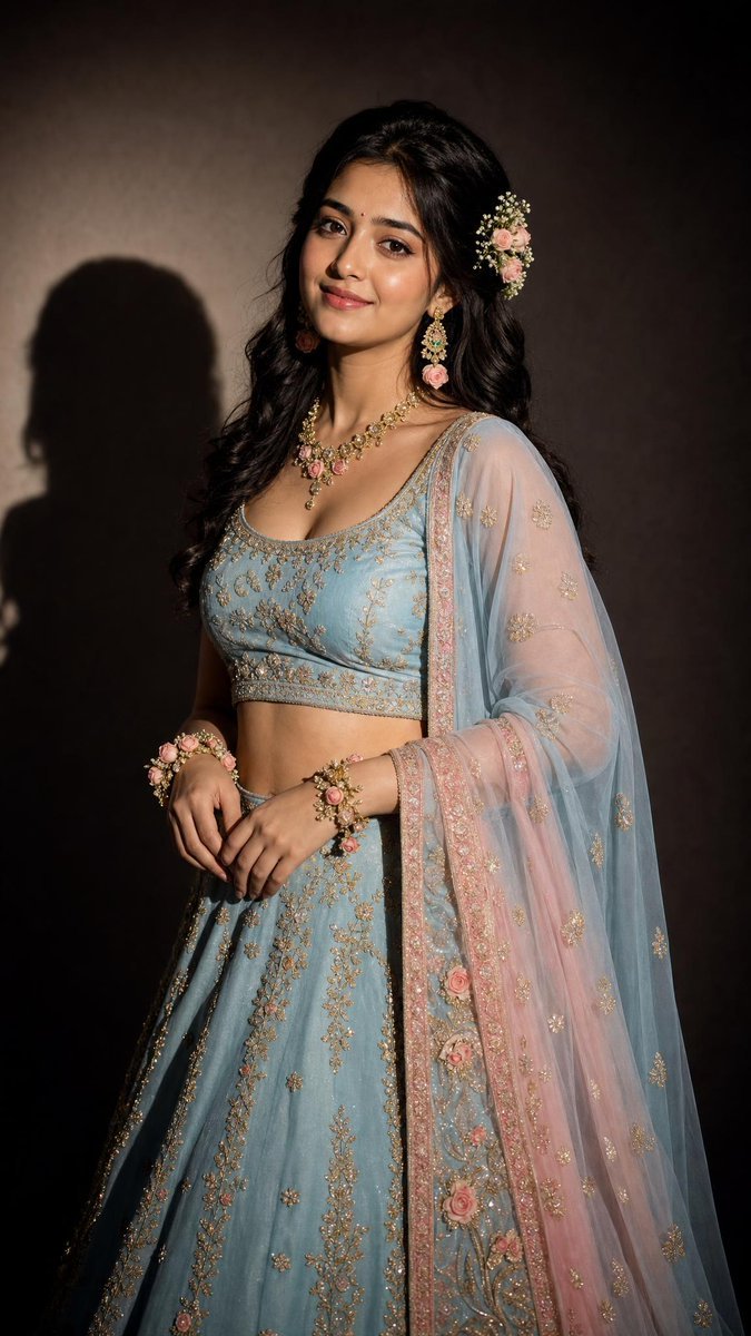 Pastel Blue Lehenga Portrait in Soft Spotlight — AI result, variation 2 of 4