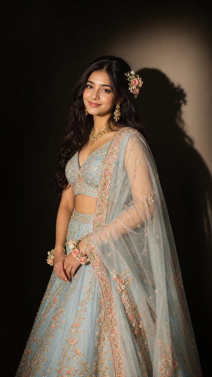 Pastel Blue Lehenga Portrait in Soft Spotlight — AI result, variation 4 of 4