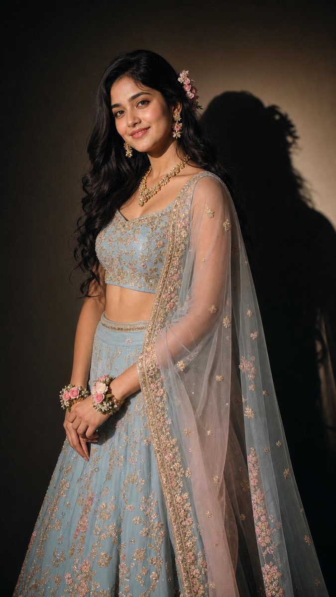 A woman in a pastel blue lehenga stands out against a dark backdrop, lit by a soft spotlight that traces her gold embroidery and floral jewelry. The contrast…