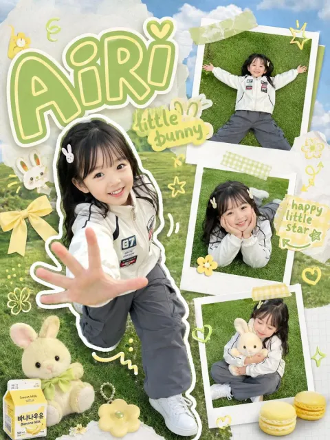 Pastellfarbene Kawaii-Fotocollage mit Hase für Kinder