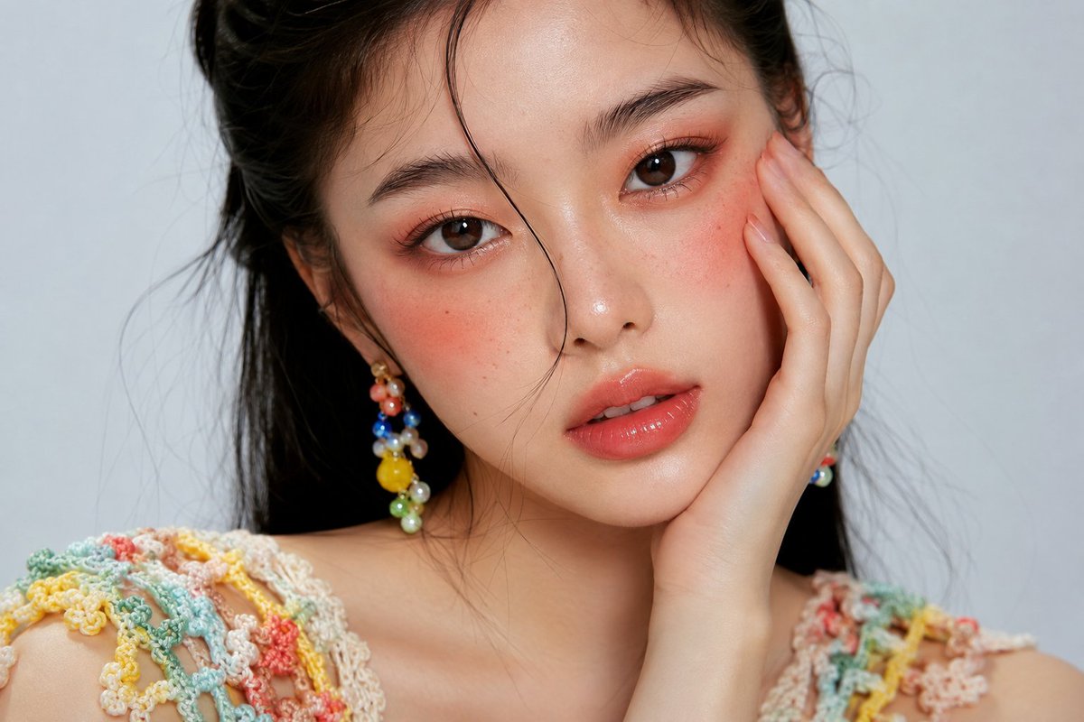A close, soft-lit portrait of a woman with luminous skin, coral lips and a multicolor crochet top, set against a pale studio backdrop. The beaded earrings and…