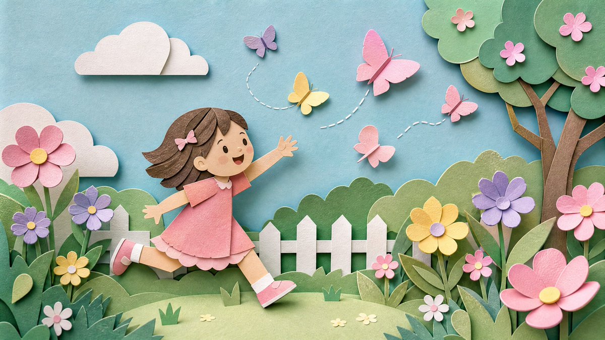 The result reads like a handmade paper diorama, with each shape sitting on its own sheet and casting a gentle shadow onto the layer beneath. Creased paper…