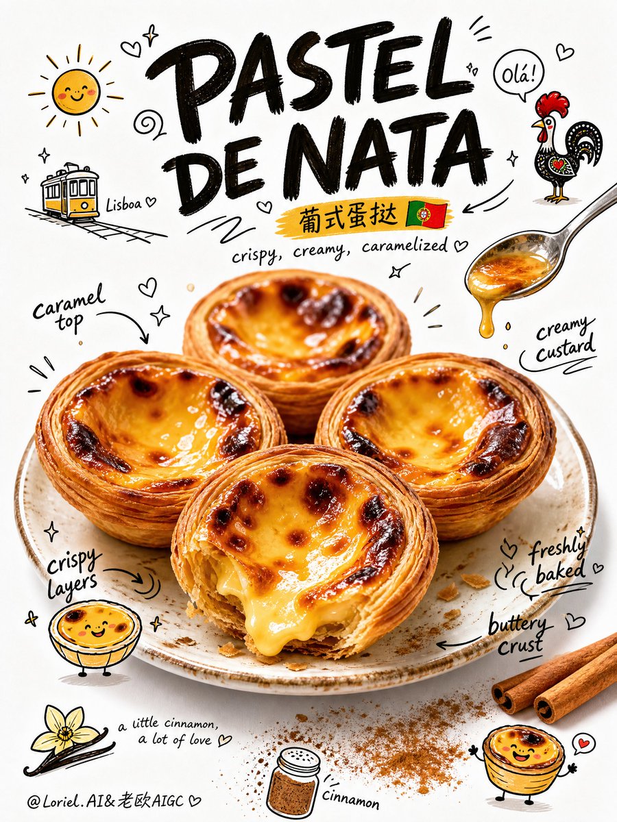 Realistic golden egg tarts sit at the center of a clean white poster, surrounded by black marker doodles, arrows and hand-lettered notes. The contrast between…