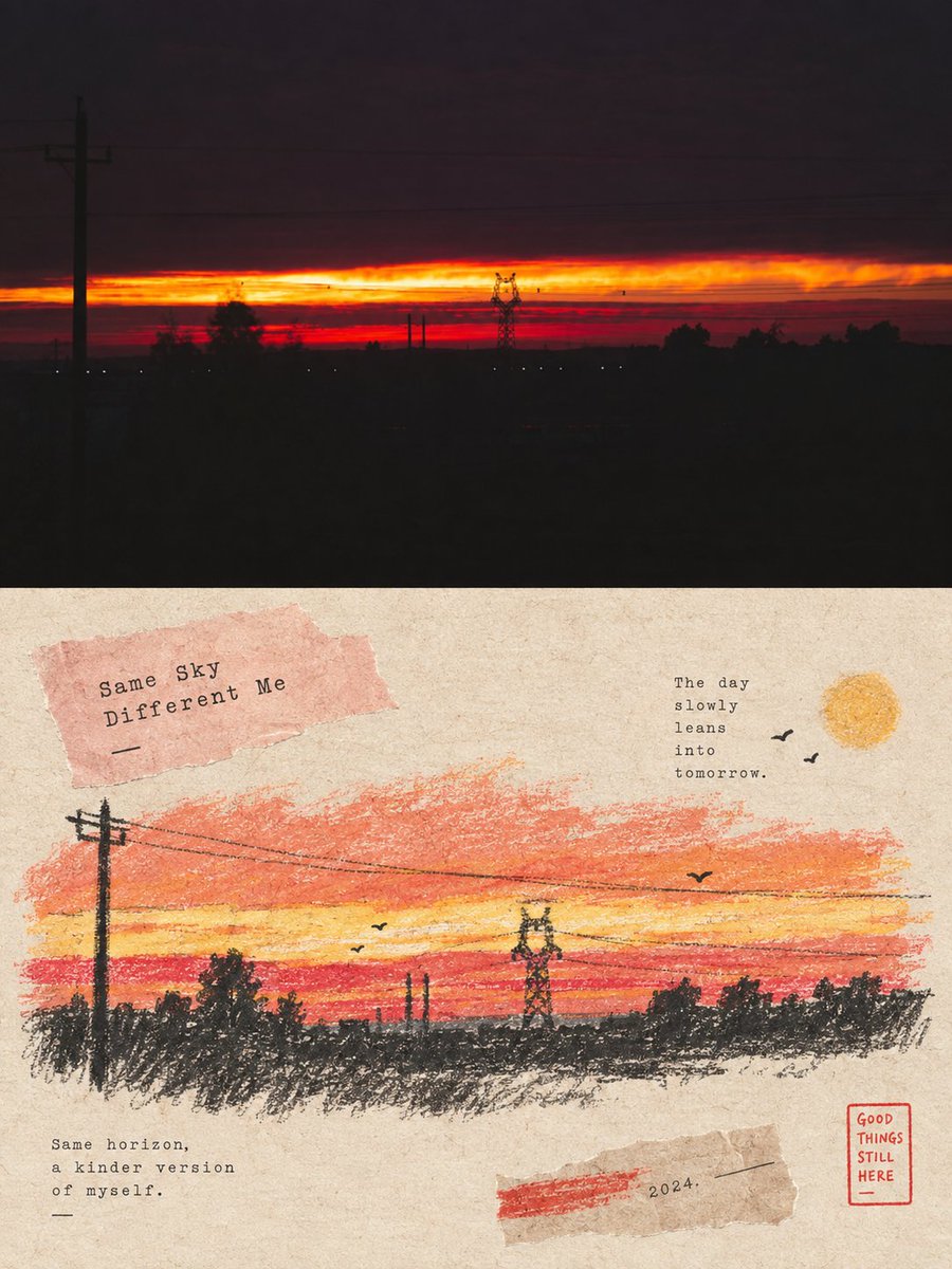 Your photo appears twice: intact on top, then reimagined below as a paper-textured pastel doodle collage with loose crayon marks and generous empty space. The…