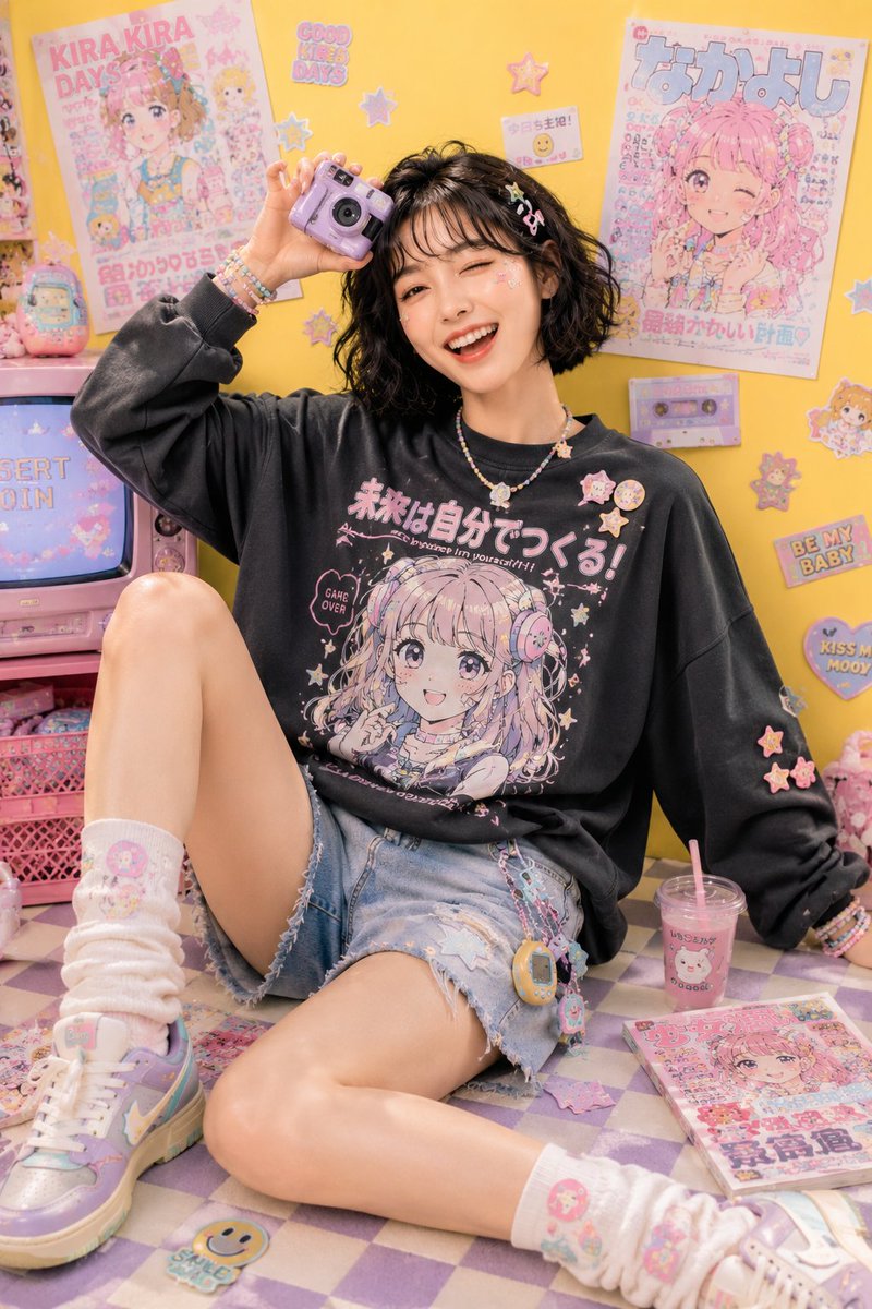 A cheerful young woman in oversized pastel streetwear poses against a bright buttery-yellow studio backdrop, surrounded by floating stars, cassette tapes and…