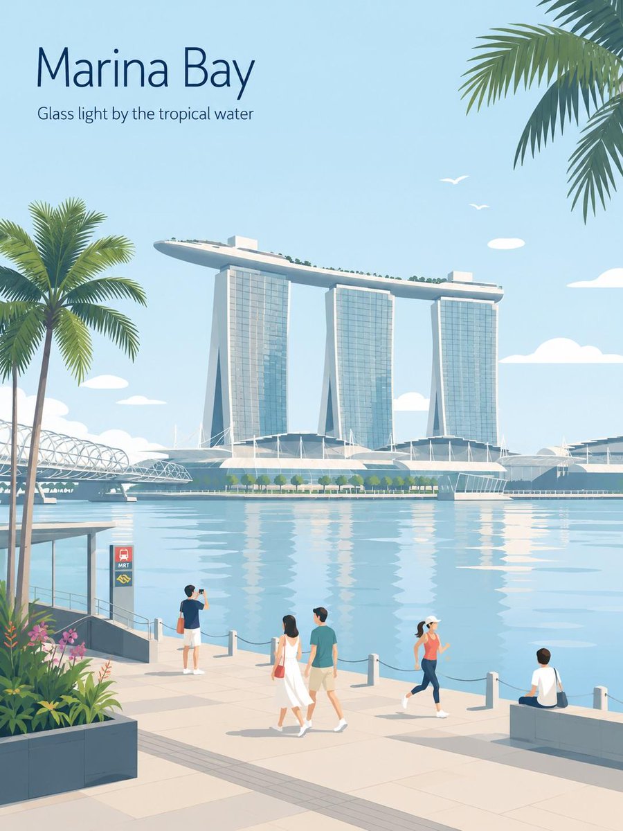 A calm, airy travel poster of a destination's best-known landmark, drawn in clean vector lines and soft pastel tones. Tiny tourists, greenery and water…