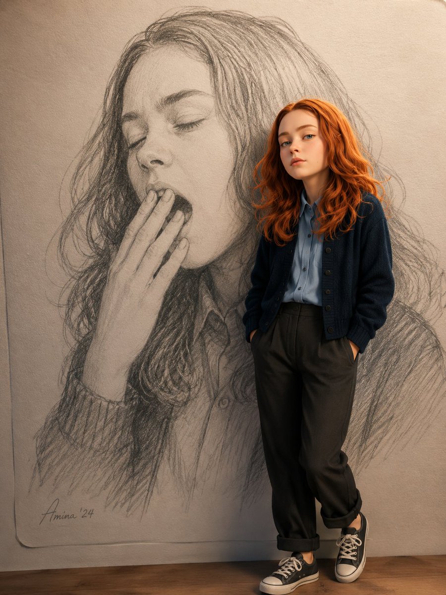A 3D Pixar-style figure stands in front of a giant hand-drawn pencil illustration of a yawning subject, so the sketch reads as the backdrop. The contrast…