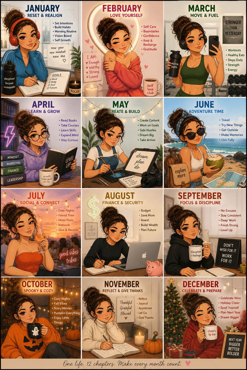 A calendar built around the things you love, laid out as a single composed page where personal favorites take the place of ordinary month grids. The result…