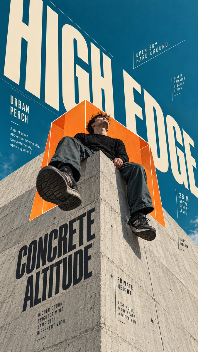 Oversized condensed letters stretch toward a vanishing point across raw concrete, while a figure in dark clothing stands inside the same perspective. The type…