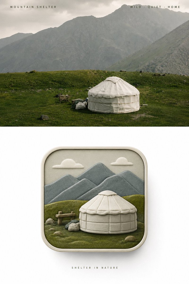 A poster with your photo kept whole on top and a frontal pseudo-3D rounded-square icon below, distilled from the photo's subject and mood. The icon reads at a…