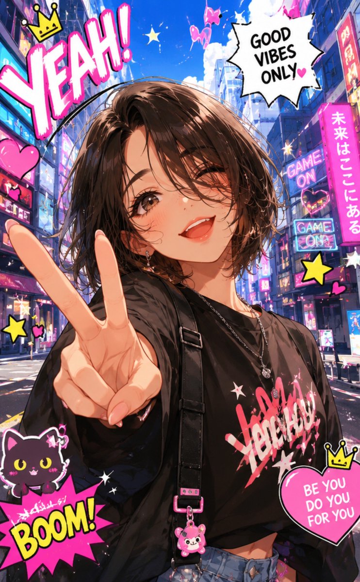 One everyday photo becomes two anime illustrations: a loud urban pop poster full of neon and speech bubbles, and a soft fantasy scene with floating islands and…