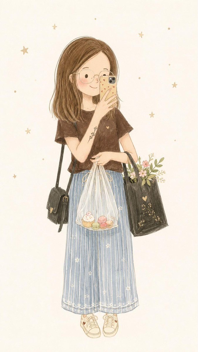 A photo becomes a soft, hand-drawn children's page: a doll-like figure with rosy cheeks and tiny features, drawn in flat pastel tones with thin wobbly lines on…