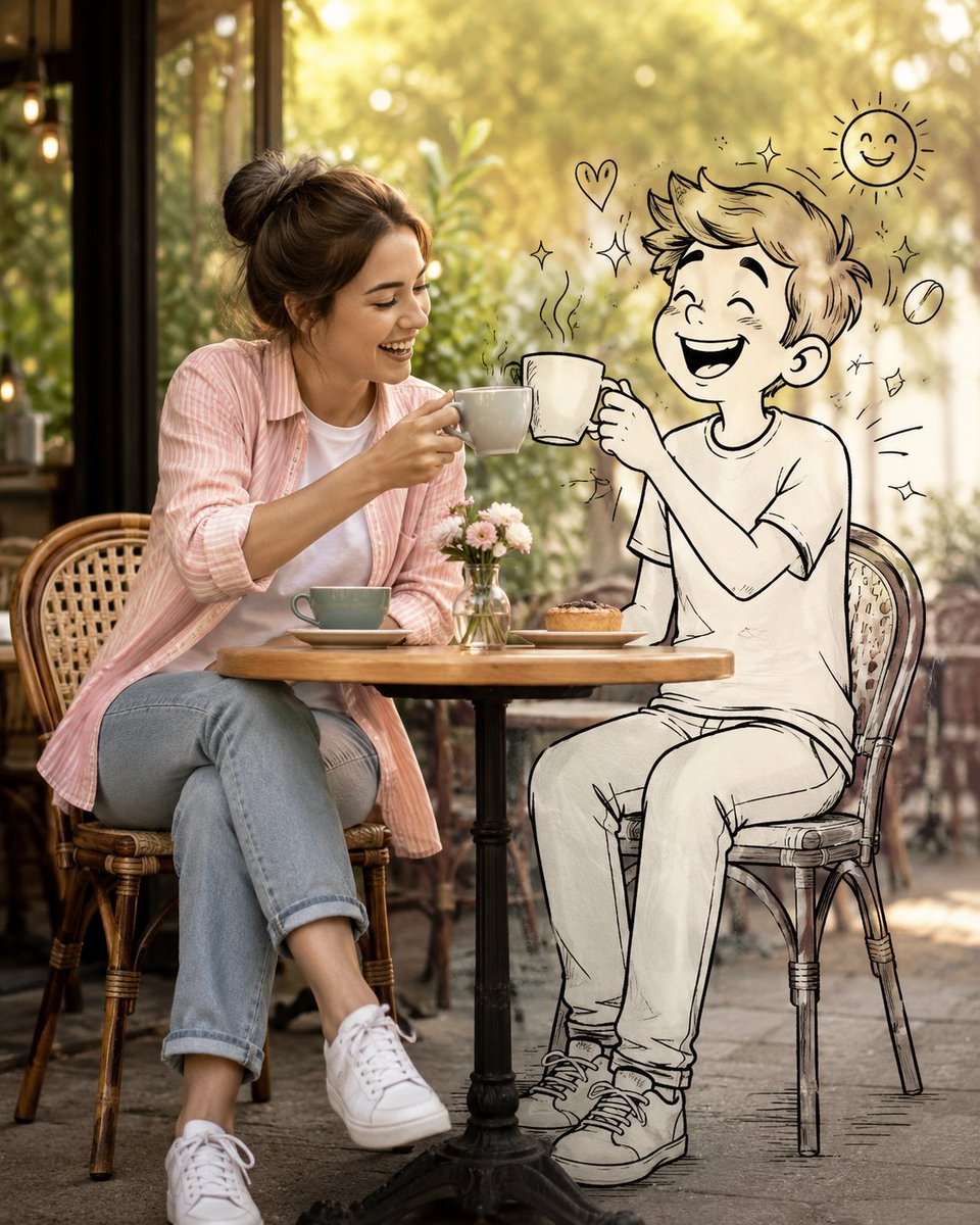 A realistic morning coffee scene where a person shares a café table with a life-sized black-and-white doodle character that raises an oversized mug in a toast.…