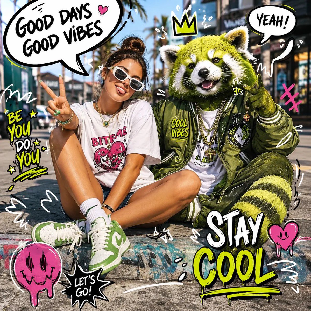 Pink Chameleon and Red Panda Street Sneaker Campaign — AI result, variation 2 of 2