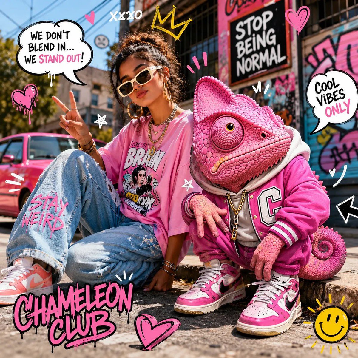 A Gen-Z girl and her anthropomorphic companion sit on a sunny city sidewalk in front of graffiti walls, both in oversized streetwear with gold chains and…