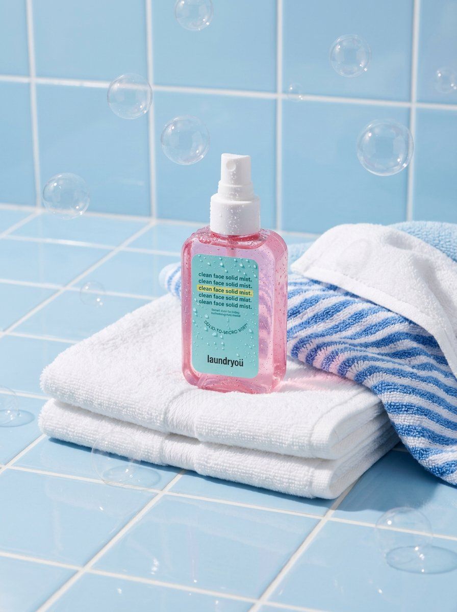 Pink Facial Mist Bottle on Blue Towels — AI result, variation 2 of 2