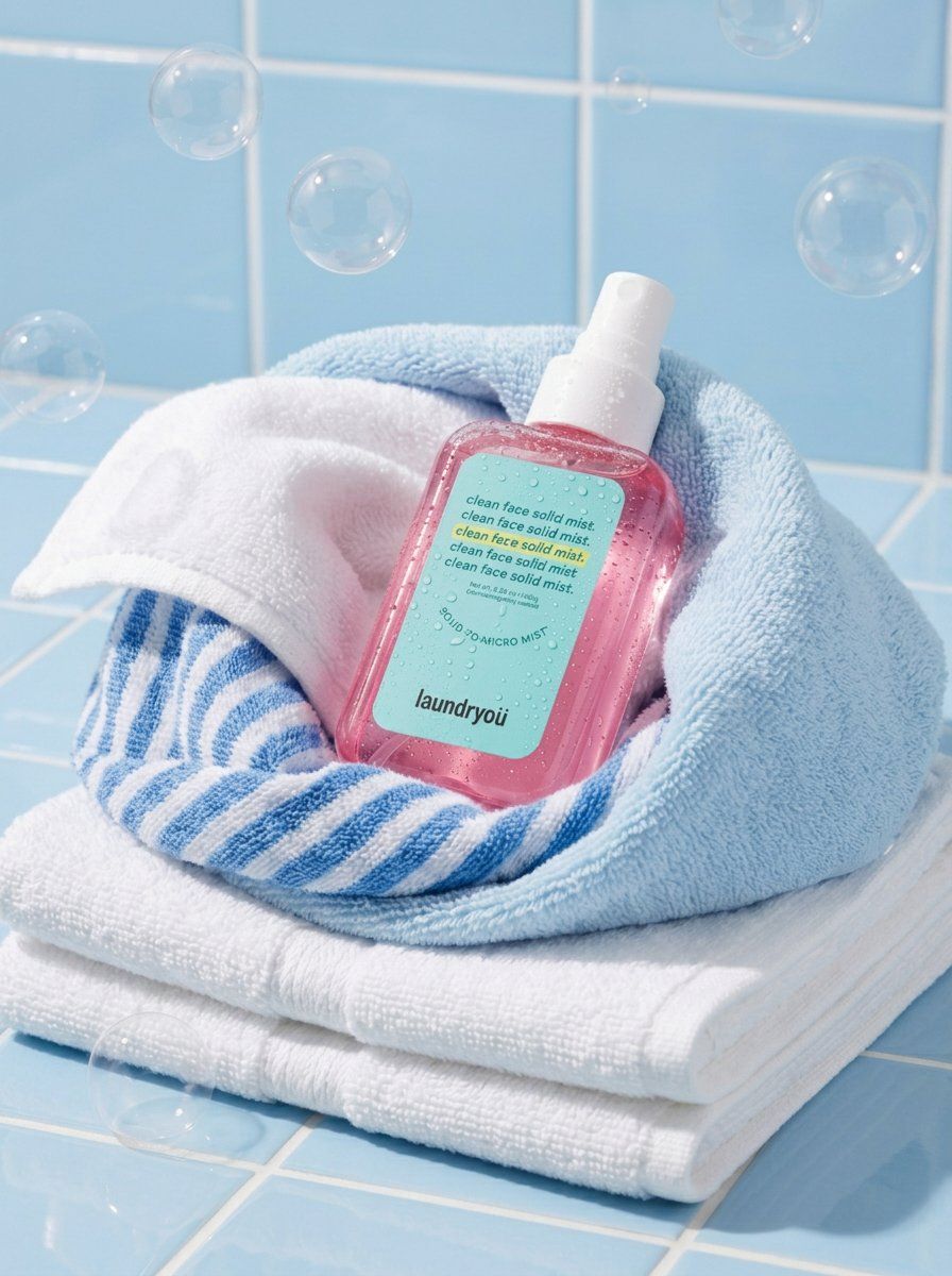 A pink facial mist bottle sits diagonally on rolled light-blue towels against glossy sky-blue tiles, beaded with condensation and drifting soap bubbles. The…